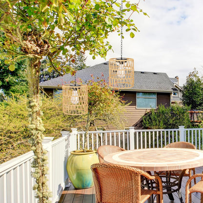 Livinlarge Solar Chandelier Lantern,Outdoor Rattan Pendant Lights,Waterproof Boho Hanging Lamps with Edison Bulb for Gazebo Tree Porch Yard Porch Patio Garden Backyard Decor