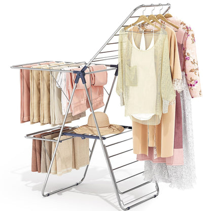 APEXCHASER Clothes Drying Rack with 4 Wings, Drying Rack Clothing with Height-Adjustable, Foldable Gullwings Laundry Drying Rack, Indoor Outdoor Use, No Assembly, Blue
