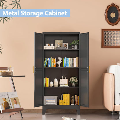 Black Metal Storage Cabinet, 48" Steel Cabinets for Home Office, Kitchen Pantry Storage Cabinet with Doors and 3 Adjustable Shelves, for Office, Home, Garage, School