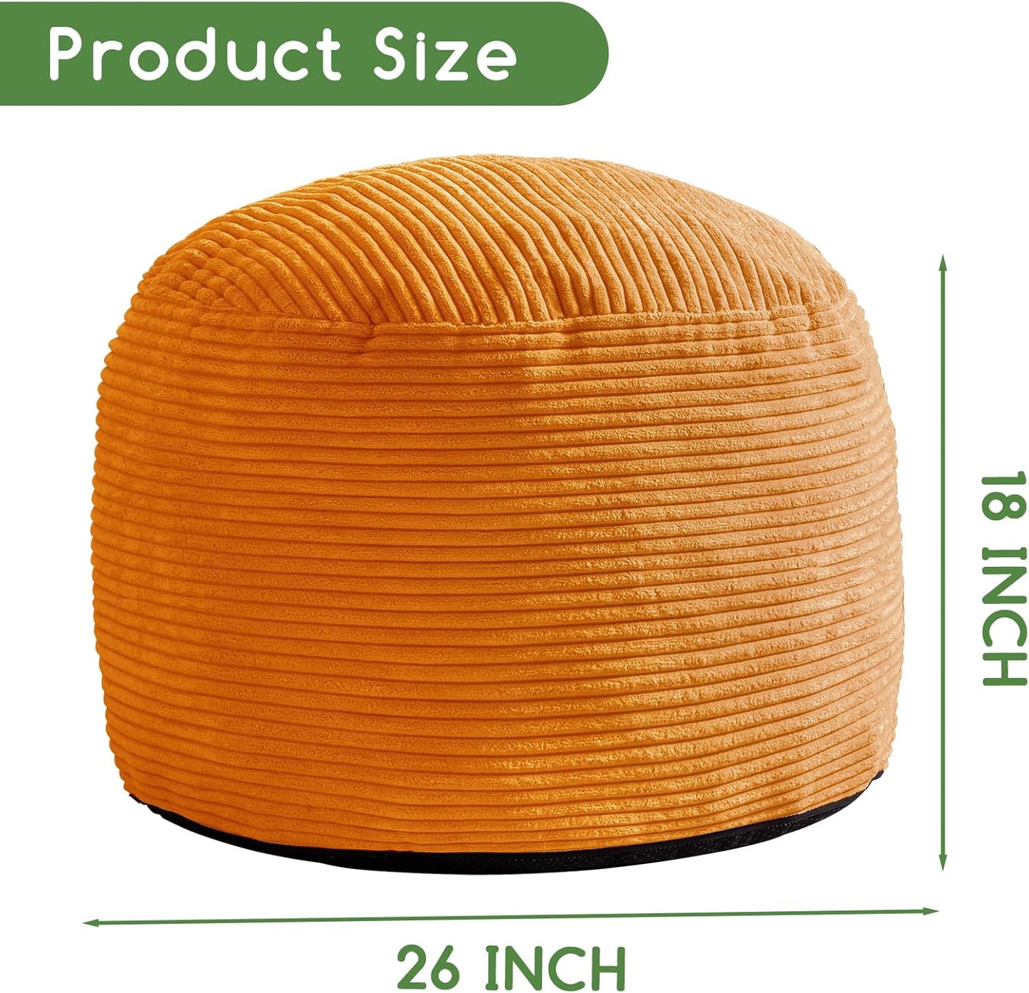 HIGOGOGO Round Stuffed Pouf Ottoman, Corduroy Poufs with Foam Chunk Filling, Furry and Fluffy Pouf Foot Stool Storage Ottoman, 26 X 18 Floor Poufs Foot Rest for Living Room, Orange