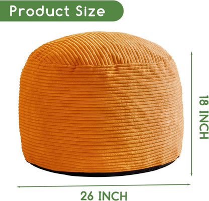 HIGOGOGO Round Stuffed Pouf Ottoman, Corduroy Poufs with Foam Chunk Filling, Furry and Fluffy Pouf Foot Stool Storage Ottoman, 26 X 18 Floor Poufs Foot Rest for Living Room, Orange