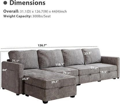 mestyl Modular Sectional Sofa Convertible L Shaped Sofa Couch Set with Storage for Living Room, Modern 4 Seater Modular Sectional Couch with Movable Ottoman (Grey)