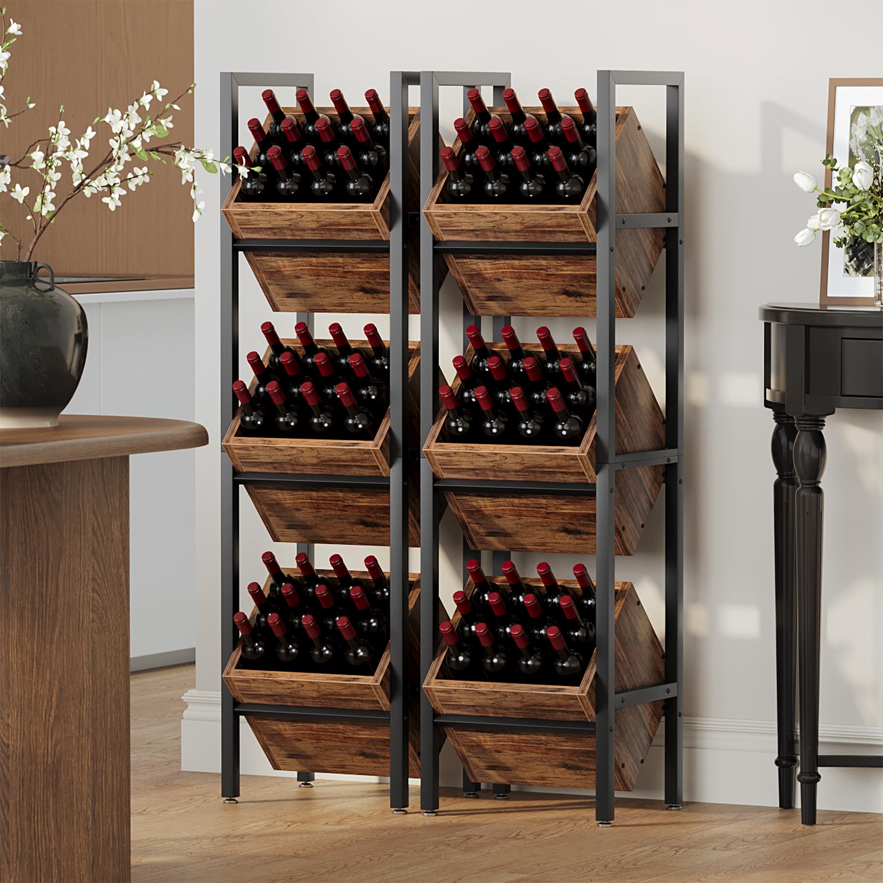 LITTLE TREE 3-Tier Basket Stand, Wooden Floor Stand Shelving Unit, Standing Organizer Storage Rack