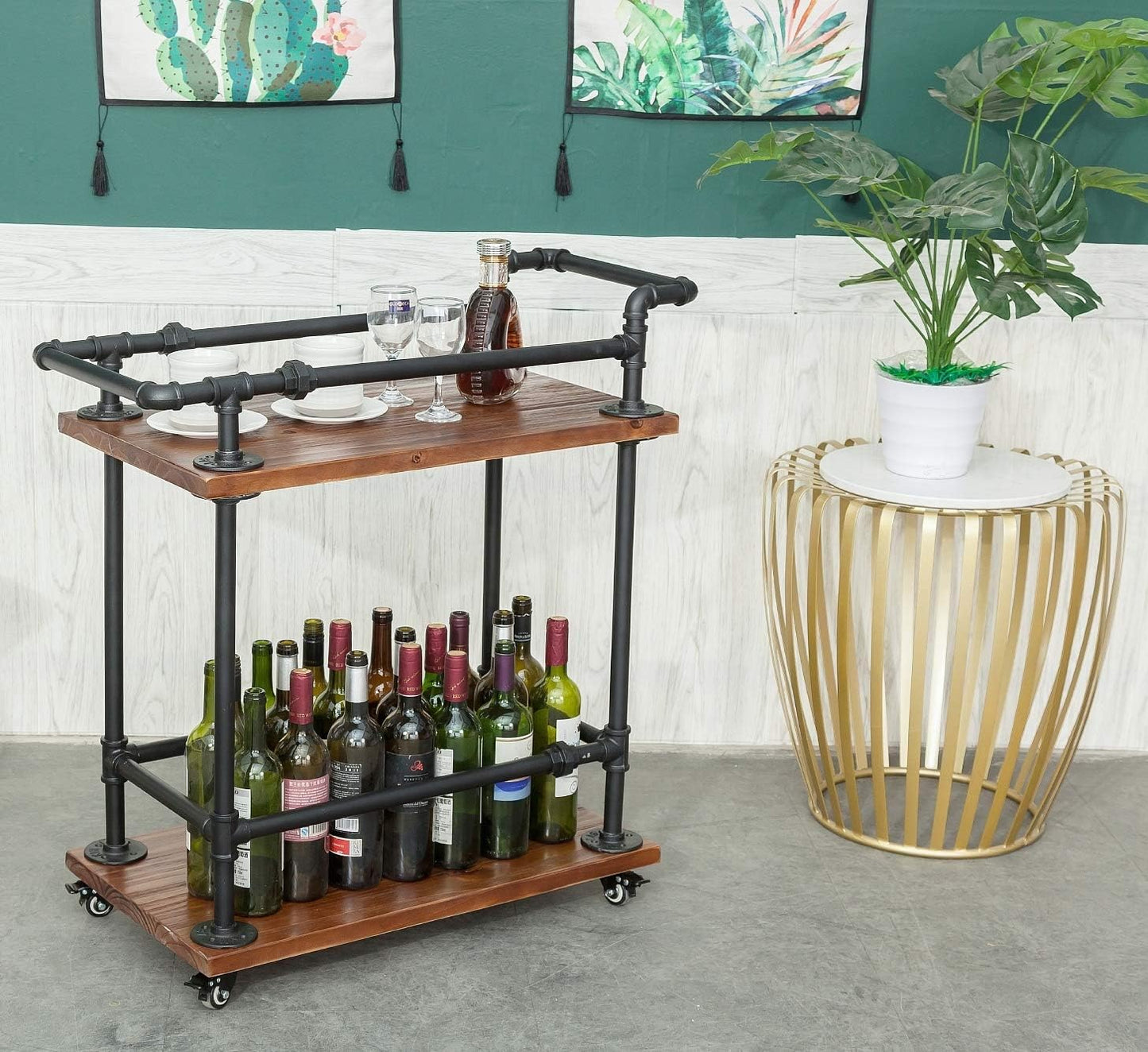 Industrial Pipe Bar Carts/Serving Carts/Kitchen Carts/Wine Rack Carts on Wheels with Shelves - Wood Rolling Carts - Wine Tea Liquor Shelves/Holder - Home Furniture