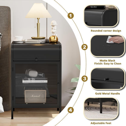 Modern Metal Side Tables, End Tables with Glass Door, 2-Tier Nightstands with Storage Shelves, Accent Table, Slim Sofa Table for Living Room, Bedroom (1, Black)