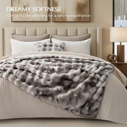 EVERGRACE Ultra Soft Luxury Fluffy Ridgeline Faux Rabbit Fur Throw Blanket, Thick Warm Bubble Throw for Bed, Cozy Plush Reversible Blankets for Couch, Chair, Sofa, Light Grey, 50x60 Inches, 870 GSM