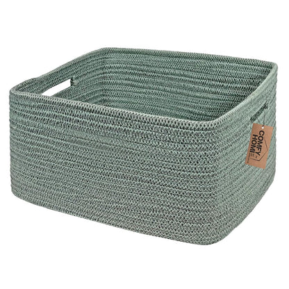 COMFY-HOMI Cotton Rope Woven Basket with Handles for Shelves,Toys,Book, Cloth Storage Baskets for Organizing-17" x 13" x 7.5" Toy Decorative Organizer for Living Room, Bathroom （Green）