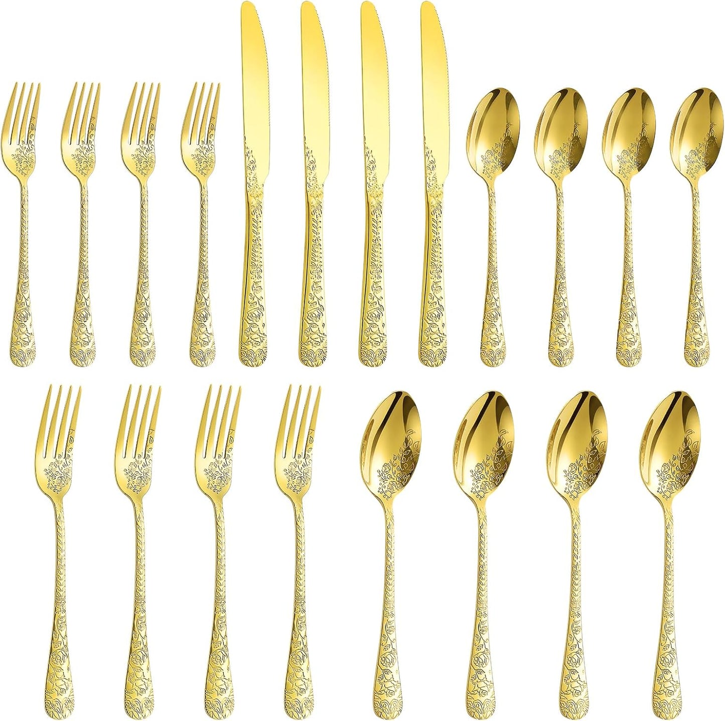 Floral 20 Pcs Gold Silverware Set for 4, Food Grade Stainless Steel Flatware Set with Rose Flower Embossed Design, Eating Utensils Sets Include Fork/Knife/Spoon, Reusable Cutlery Set, Dishwasher Safe