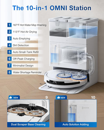 ECOVACS DEEBOT T50 PRO Omni Robot Vacuum and Mop, 3.19” Ultra-Slim, 15,000Pa Suction, ZeroTangle 2.0, TruEdge Edge Cleaning, AIVI 3D Obstacle Avoidance, Auto Mop Wash & Dry, Self-Emptying,White