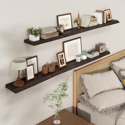 Axeman 72 inch Extra Long Floating Shelves for Wall - 8'' D Live Edge Rustic Solid Elm Wood Floating Shelves Wall Mounted, Wall Shelves with Invisible Bracket for Living Room Bedroom Kitchen, Walnut