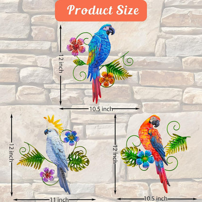 Metal Colorful Parrots Wall Art, 12 Inches Parrot Large Hanging Outside Decoration 3 Pack, Metal Bird Wall Decoration, Decor Outdoor Decorations for Yard, Garden Ornaments Patio Outside Porch Decor