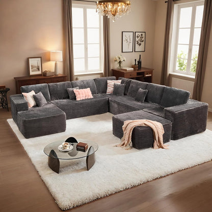 HOOOWOOO Cloud Sectional Couches for Living Room,Modular Sectional Sofa No Assembly,136X133 Inch Plush Corduroy Large G Shaped Floor Couch Set with Deep Seat Chaise Ottoman(Gray)