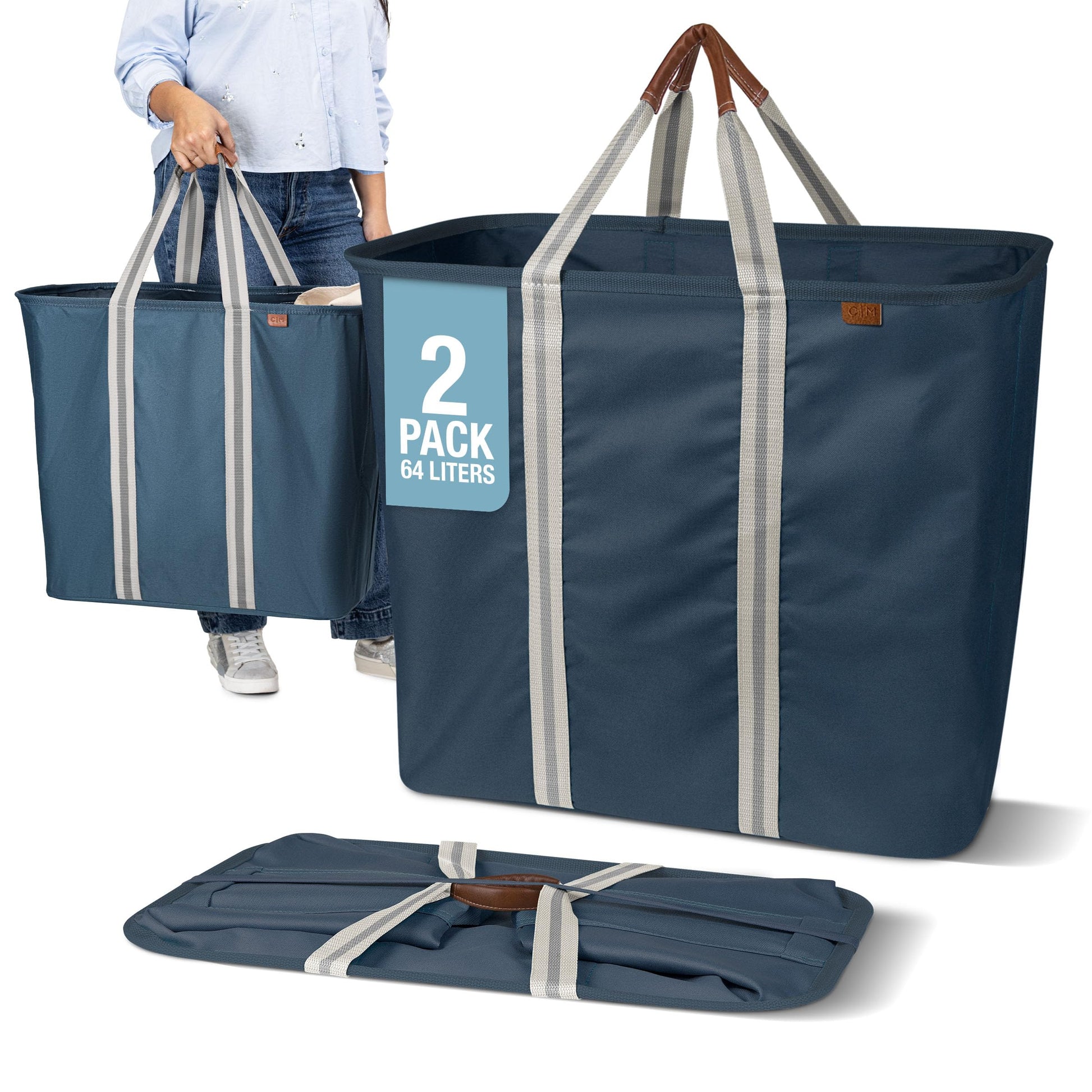 CleverMade Collapsible Laundry Caddy LUXE, 64L Pop-Up Hamper, 2 Pack, Navy