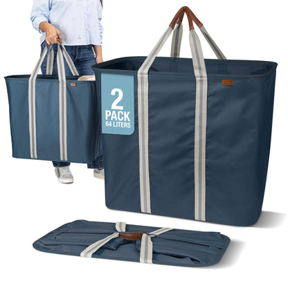 CleverMade Collapsible Laundry Caddy LUXE, 64L Pop-Up Hamper, 2 Pack, Navy