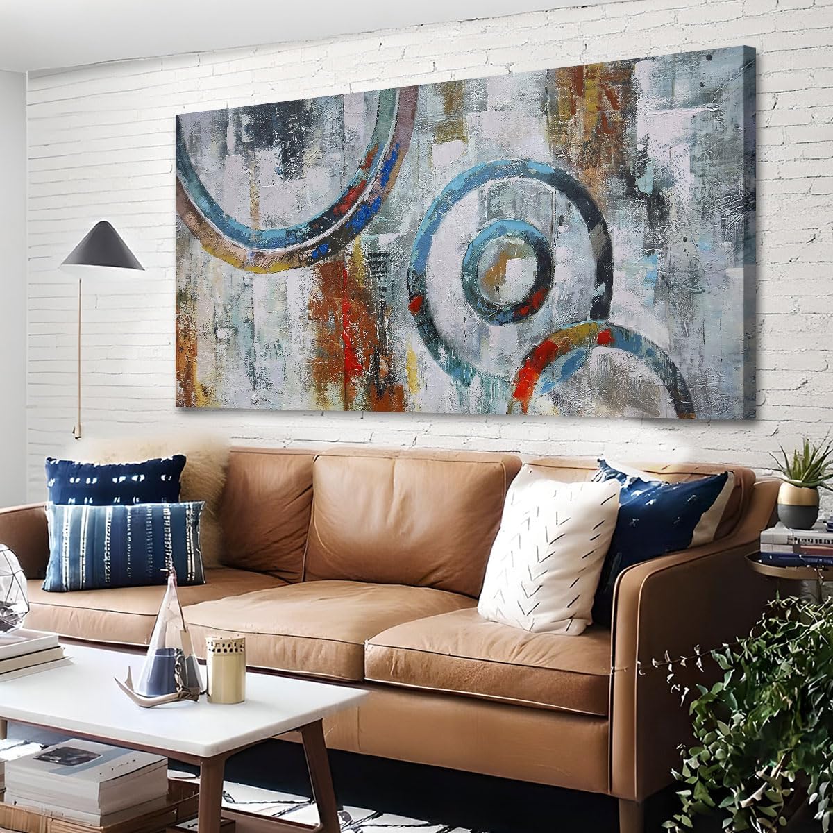 Arjun Abstract Wall Art Geometric Canvas Circle Block Painting Modern Grey Brown Picture Simple Textured Artwork Framed for Bedroom Living Room Home Office Wall Décor, Extra Large 58"x29"