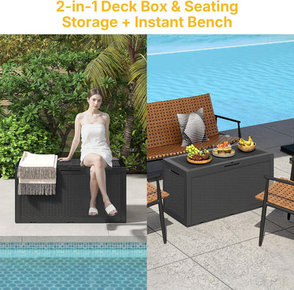 100 Gallon Deck Box Outdoor Waterproof, Rattan Outdoor Storage Box, Patio Storage Boxes for Cushions, Pillow, Garden Tools, Equipment