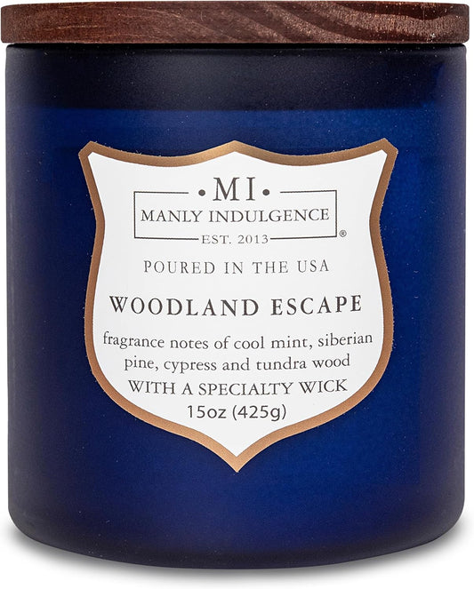 Manly Indulgence Woodland Escape Scented Candles for Men, 15 oz Wooden Wick, Premium Soy Blend Wax