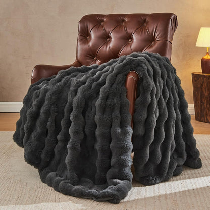 Lotus Karen Faux Fur Blanket Dark Gray Twin Size - Big Bubble Rabbit Fluff Throws for Couch Small Fluffy Fuzzy Cozy Thick Furry Plush Shaggy Blankets 60x80 Inches