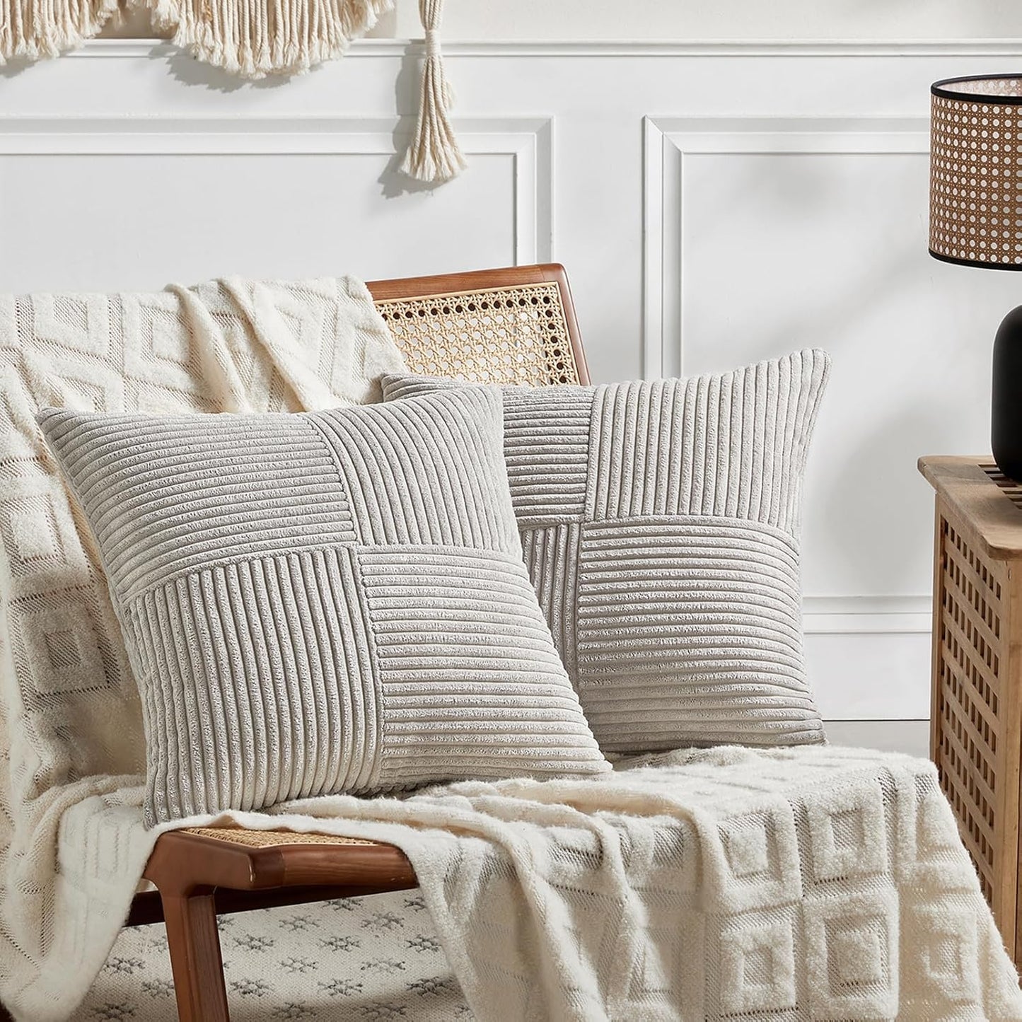 Fancy Homi 2 Packs Neutral Grey Decorative Throw Pillow Covers 22x22 Inch for Living Room Couch Bed Sofa, Rustic Farmhouse Boho Home Decor, Soft Corss Corduroy Patchwork Accent Cushion Case 55x55 cm