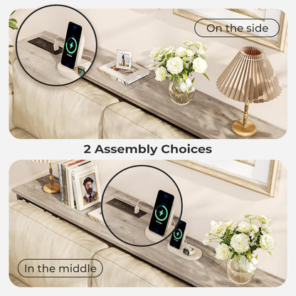 SUPERJARE 70 Inch Console Table with Outlets and USB-C Port, Extra Long Behind Couch Sofa Table with X-Shaped Design, Narrow for Entryway, Living Room, Metal Frame, Wooden Top, Grey Oak