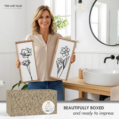 3D Black and White Wall Art (Set of 2) Lightweight, Wooden Ready-to-Hang Framed Floral Wall Art for Bathroom, Bedroom, Living Room or Office – Boho Botanical Farmhouse Decor – Gift-Boxed