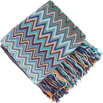 Boho Throw Blanket - Bohemian Fringe Tassels， for Bed Couch Soft ChairBlanket Double Sided (50"x70") (Blue)