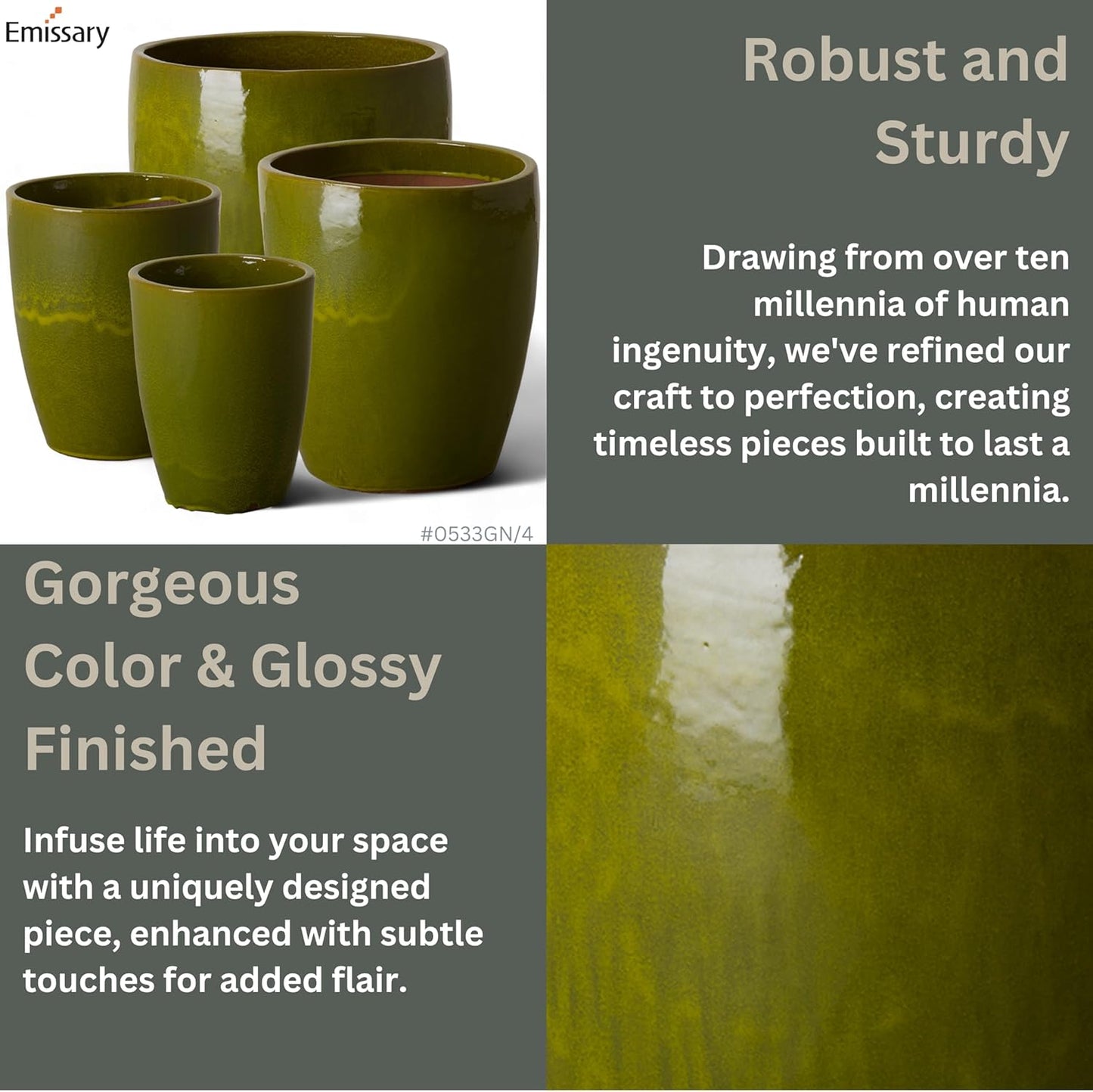 Emissary Home and Garden Bullet 11.5 in. Green Ceramic Round Planter (11.5 in. L x 11.5 in. W x 14 in. H) with Drainage Hole