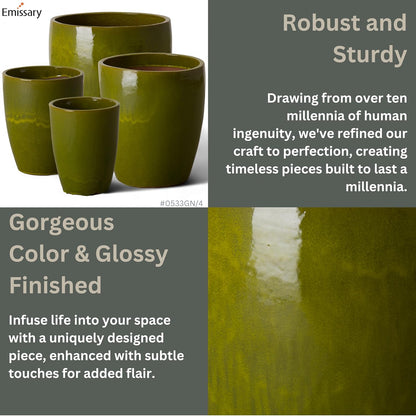 Emissary Bullet 18 in. Green Ceramic Round Planter (18 in. L x 18 in. W x 21 in. H) with Drainage Hole