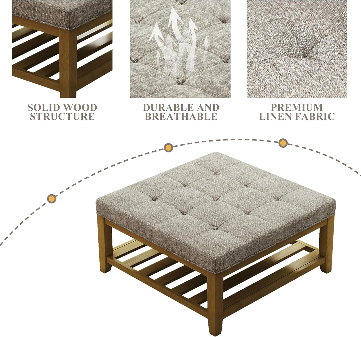 Large Square Ottoman Coffee Table, Linen Solid Upholstered Footrest Ottoman with Solid Wood Shelf Storage Tufted Coffee Table for Bedroom Living Room, Linen