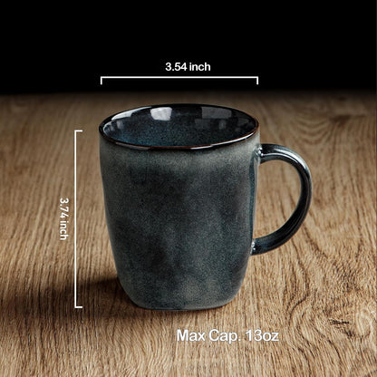 famiware Coffee Mugs Set of 4, Ocean Square 13oz Coffee Cup Set with Handle for Cocoa, Milk, Hot Chocolate, Stoneware Cups for Kitchen, Reactive Glaze, Microwave and Dishwasher Safe, Deep Forest