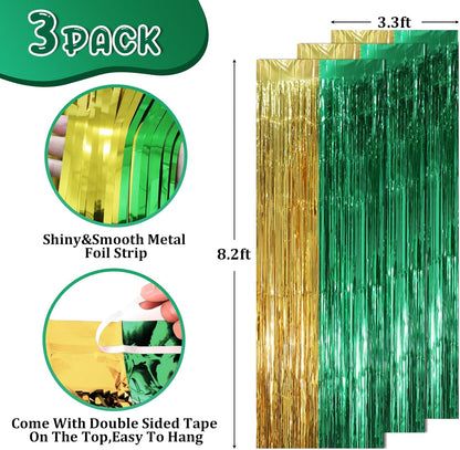 3 Pack 3.3 x 8.2 ft Green and Gold Foil Fringe Backdrop Curtains, Tinsel Streamers Party Decorations, Fringe Backdrop, Door Shimmer for Graduation or Birthday Party