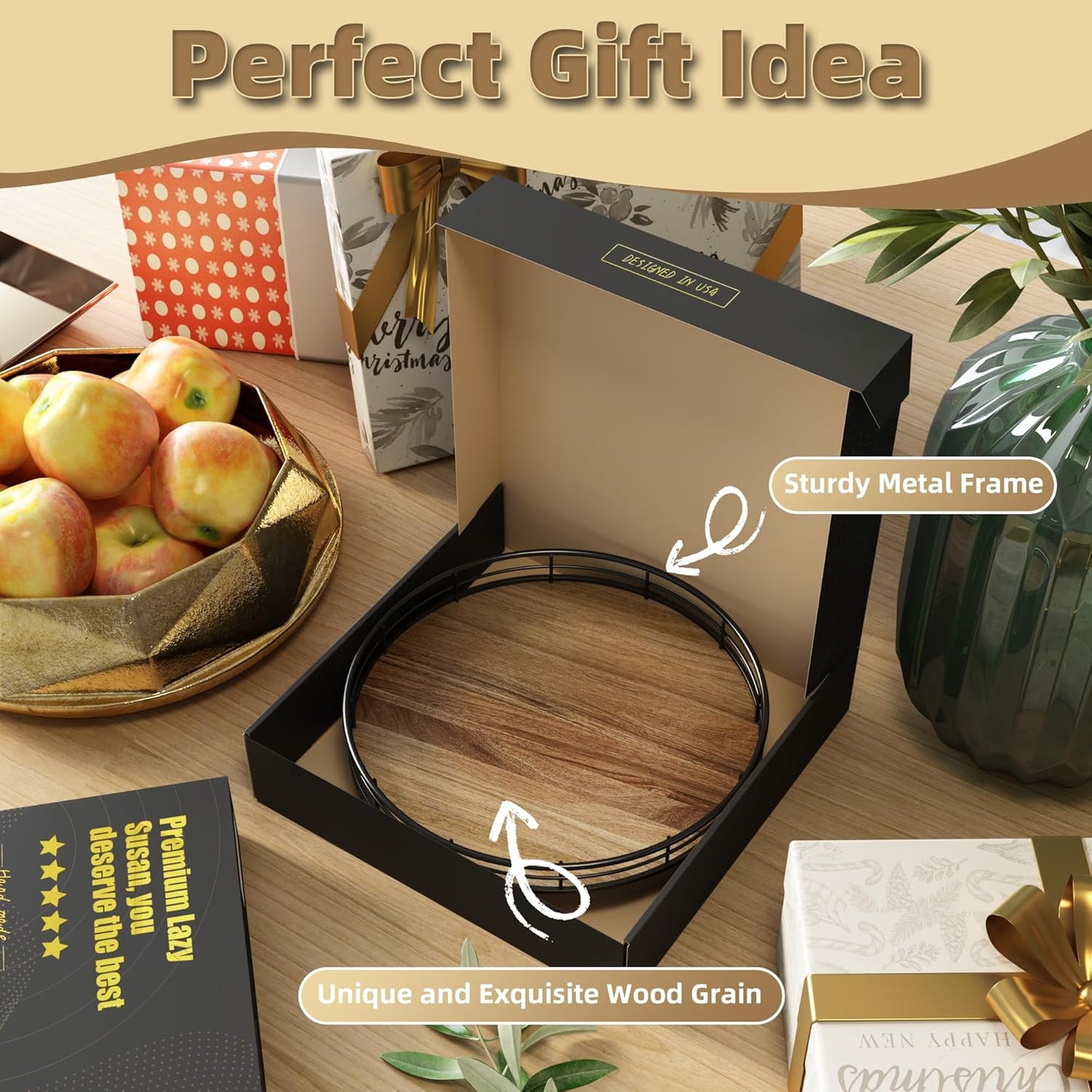 Acacia Wood 9" Bathroom Vanity Tray Turntable, Farmhouse Round Bathroom Countertop Organizer for Soap Perfume, Rotating Organizer for Kitchen Table Centerpieces, Decorative Trays for Coffee Table