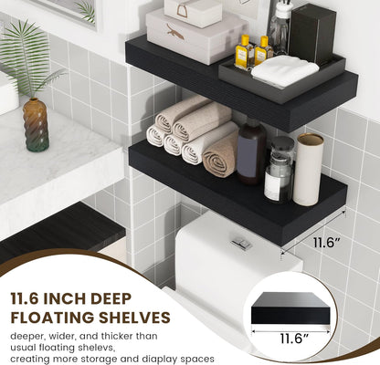 Deep Floating Shelves for Wall, 24W x 12D Black Floating Shelves Set of 2, 12'' Deep Large Wood Shelves for Living Room Bathroom Laundry Room Bedroom Kitchen Home Office - Black