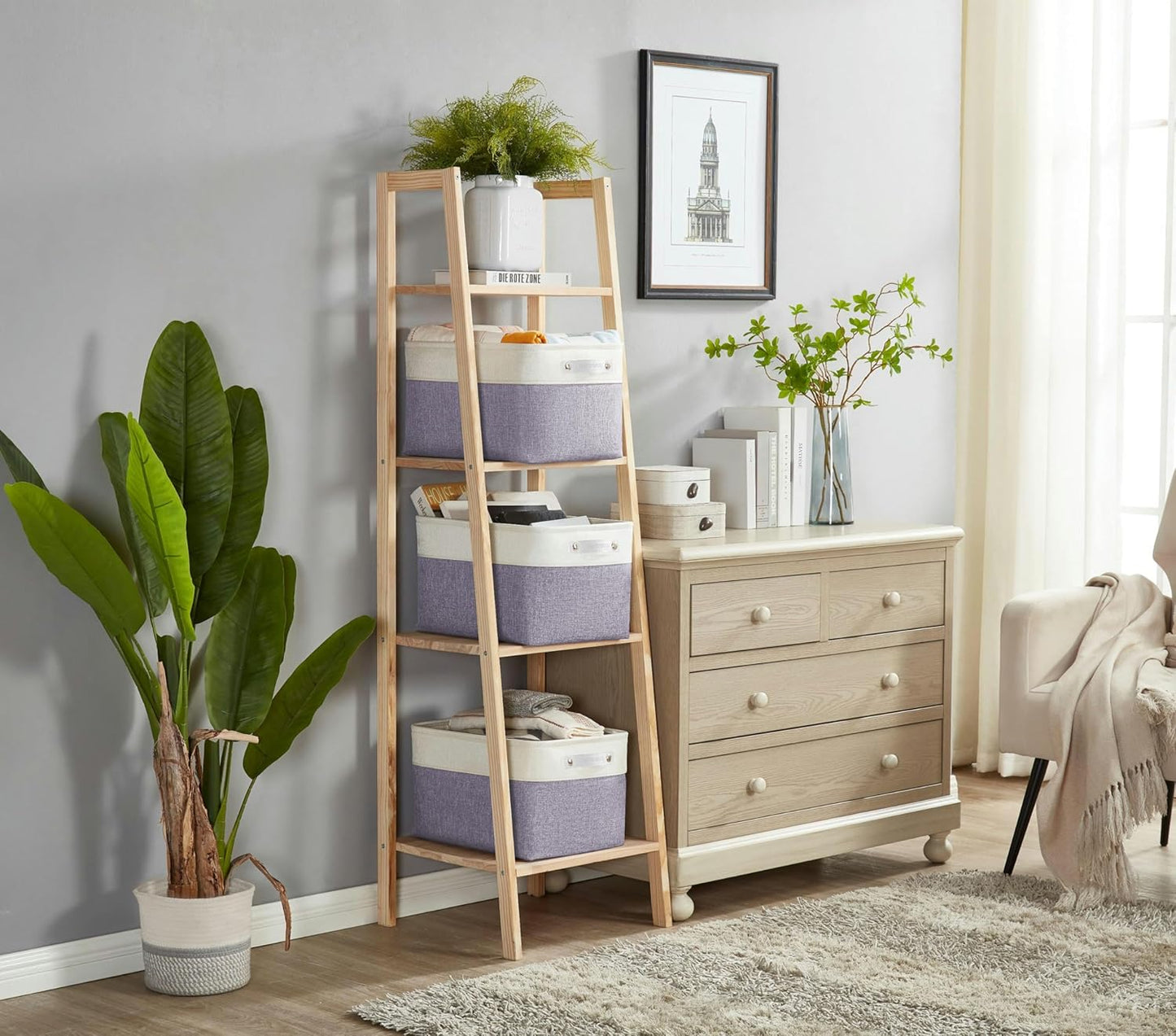 DECOMOMO Storage Bins Fabric Storage Baskets for Shelves, Linen Closet Organization Toys Nursery (Purple and White, Large - 3 Pack)