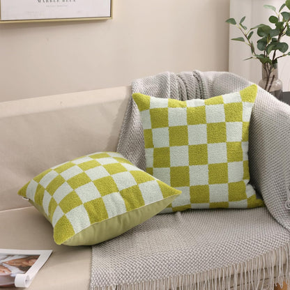 Alysheer Checkered Embroidered Decorative Throw Pillow Covers 18"x 18" Set of 2, Farmhouse Cottage Blue Green Designer Plaid Patterned Cotton Accent Cushion Case for Sofa Couch Bed Living Room
