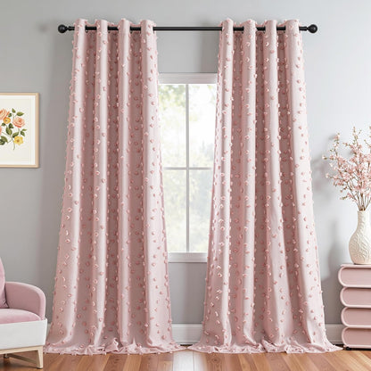MYSKY HOME 100% Blackout Curtains for Girls Bedroom 95 Inch Long Total Room Darkening Curtain for Living Room 2 Panels Grommet Light Blocking Sliding Door Drapes Blush Pink Pom Pom Sheer 52 x 95 Inch