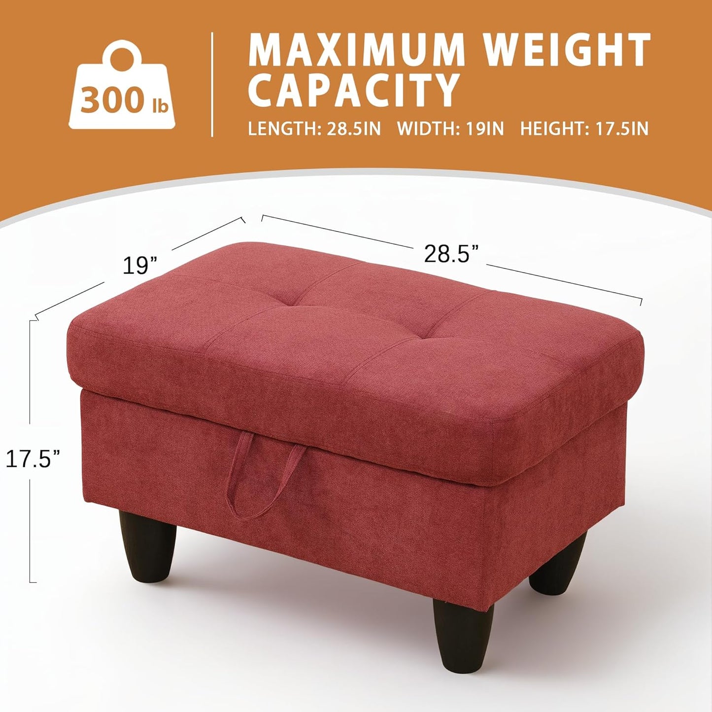 Ottoman Rectangular Storage Ottoman Bench, Flannel Footrest Stool Footstool with Lid for Living Room, Bedroom, Entryway, Red, 28.5"x19"x17.5"