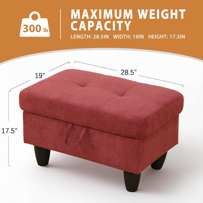 Ottoman Rectangular Storage Ottoman Bench, Flannel Footrest Stool Footstool with Lid for Living Room, Bedroom, Entryway, Red, 28.5"x19"x17.5"