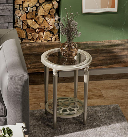 COSIEST Round Side Table, End Table Glass with Wood Frame, Champagne Gold Bedside Table with Modern Style for Living Room, Balcony, Bedroom