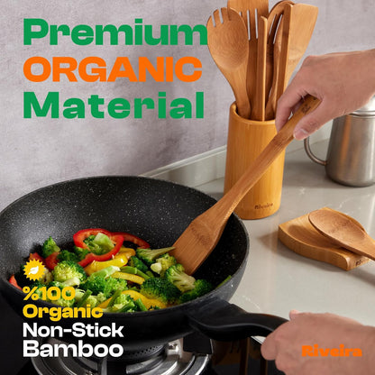 Riveira Dark Bamboo Wooden Spoons for Cooking 9-Piece with Holder, Apartment Essentials Wood Spatula Spoon Nonstick Kitchen Utensil Set Premium Quality Housewarming Gifts for Everyday Use