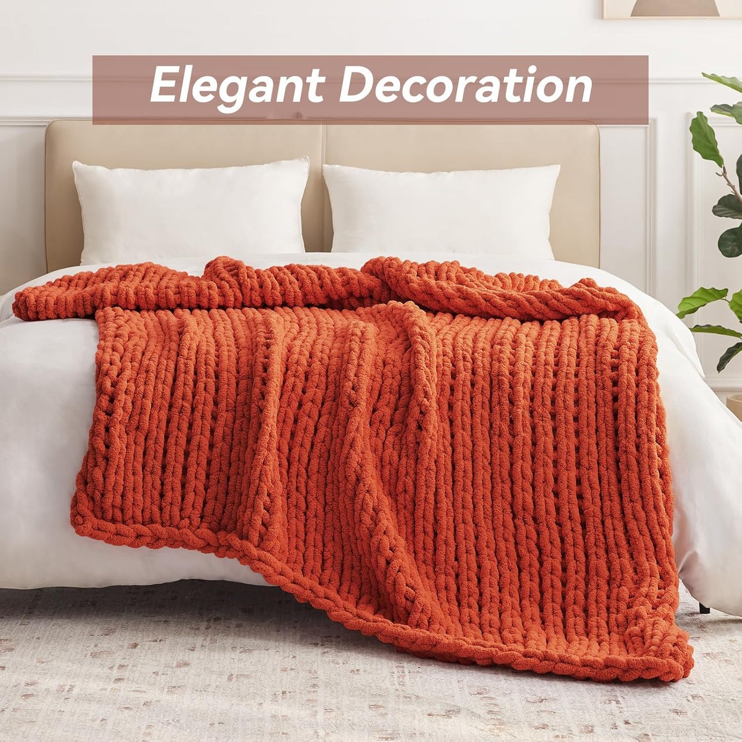 Chunky Knit Throw Blanket, 40''*50'' Knitted Throw Chenille Yarn for Bed Couch, Handmade Orange Crochet Big Thick Blanket, Machine Washable Cute Comfy Blanket for Home Decor