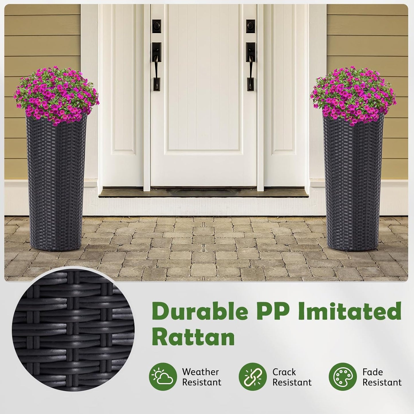 IDZO All Weather Wicker Planters for Outdoor Plants Set of 2, 24 inch Tall Black Planter for Front Porch, Patio, Balcony, Indoor Usage - Round Rattan Flower Pots