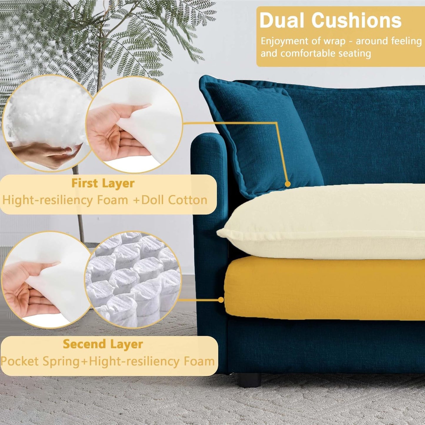 Sectional Sofa 4 Seater with Movable 2 Ottomans,Oversized Modular Couch Deep Seat (Blue, 146.5 inch-U)