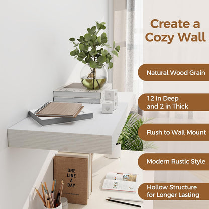 12 Inch Deep White Floating Shelves, 24 x 12 Floating Shelf for Books, Rustic Wood Deep Wall Shelves for Home Storage & Display, 2" Thicked Shelves for Kitchen, Living Room, Bedroom, 2 Pack