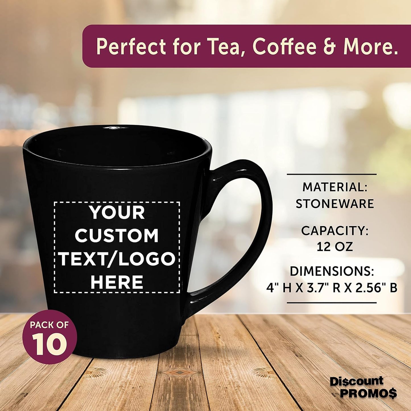 DISCOUNT PROMOS Custom Glossy Ceramic Latte Coffee Mug 12 oz. Set of 10, Personalized Bulk Pack - Perfect for Tea, Espresso, Cappuccino, Hot Cocoa - Black