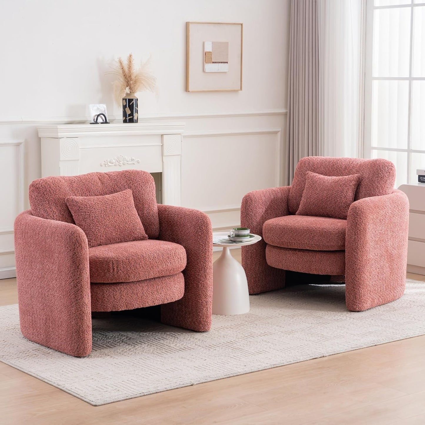 Chenille Accent Armchair Oversize Upholstered Barrel Comfy Modern Round Lounge Sofa Chair with Pillow Cozy Reading Chairs for Apartment,Office,Living Room,Dining,Makeup,Club,Pink 2SET