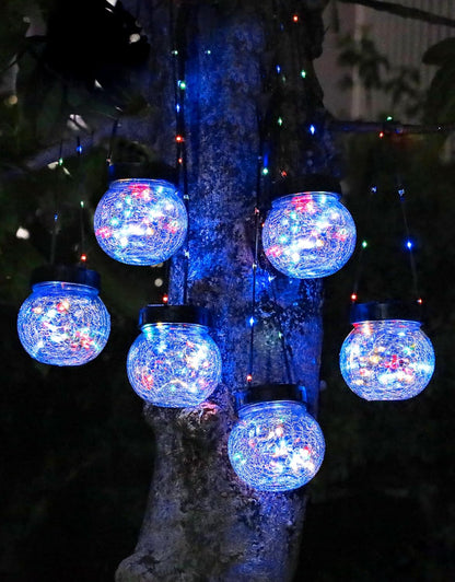PARTPHONER Solar Lantern Solar Lights Outdoor Waterproof 6-Pack, Solar Powered Hanging Lights Cracked Glass Hanging Globes for Christmas Decoration, Shepherd Hook, Garden Tree Ornaments, Multi-Color