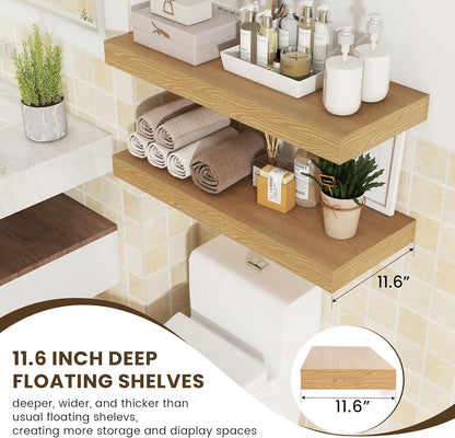 12 Inch Deep Floating Shelves | 30W x 12D Rustic Floating Shelves for Wall Set of 2 | Oak Shelves for Living Room Bathroom Laundry Room Bedroom Kitchen Home Office - Oak