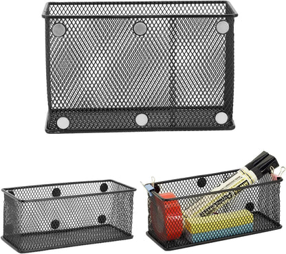 Neudeco Locker Shelf Organizer, Magnetic Pencil Holder, Metal Storage Basket for Whiteboard, Refrigerator, Ideal Cabinet for School, Black (Pack 3M)