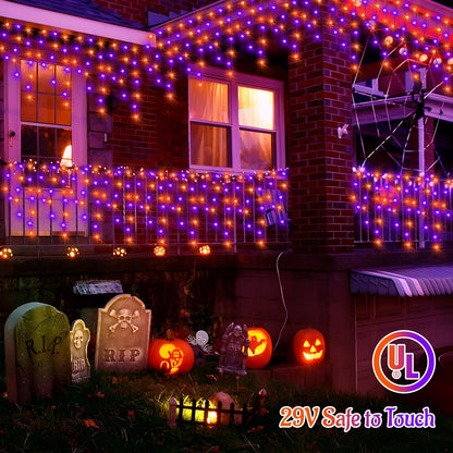 KNONEW 99FT 960 LED Orange Purple Halloween Lights Outdoor Black Wire String Lights with 180 Drops, 8 Lighting Modes, Timer Memory Function Hanging Curtain Lights for Halloween Party